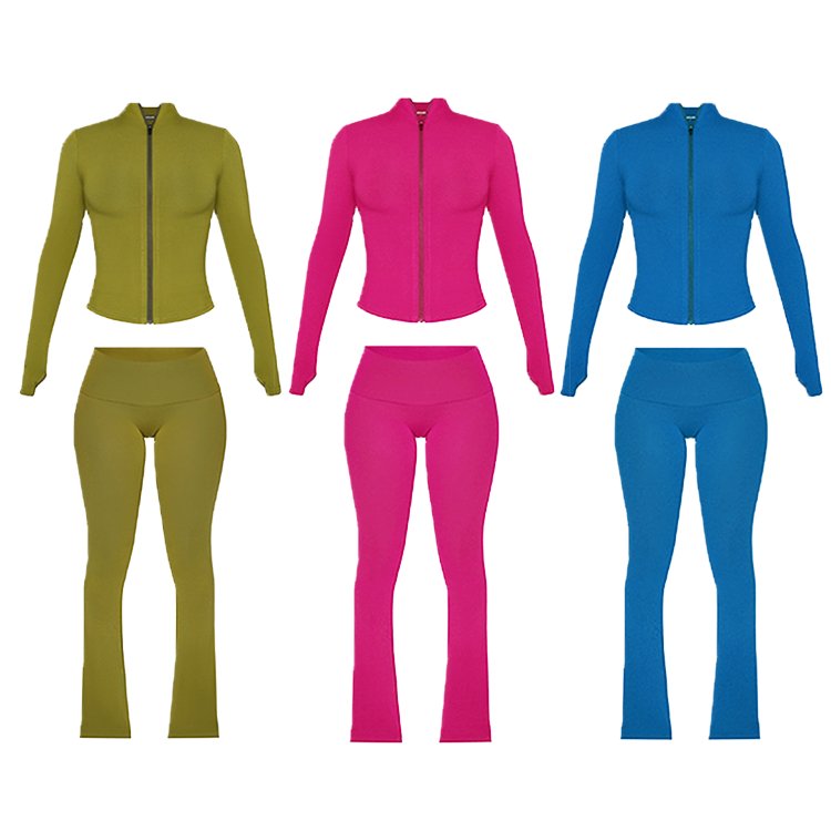 2024 Custom Logo Color Women's Zipper Outfits Cotton Jacket and Skinny Flared Pants Casual Jogging Suits and Tracksuit Set