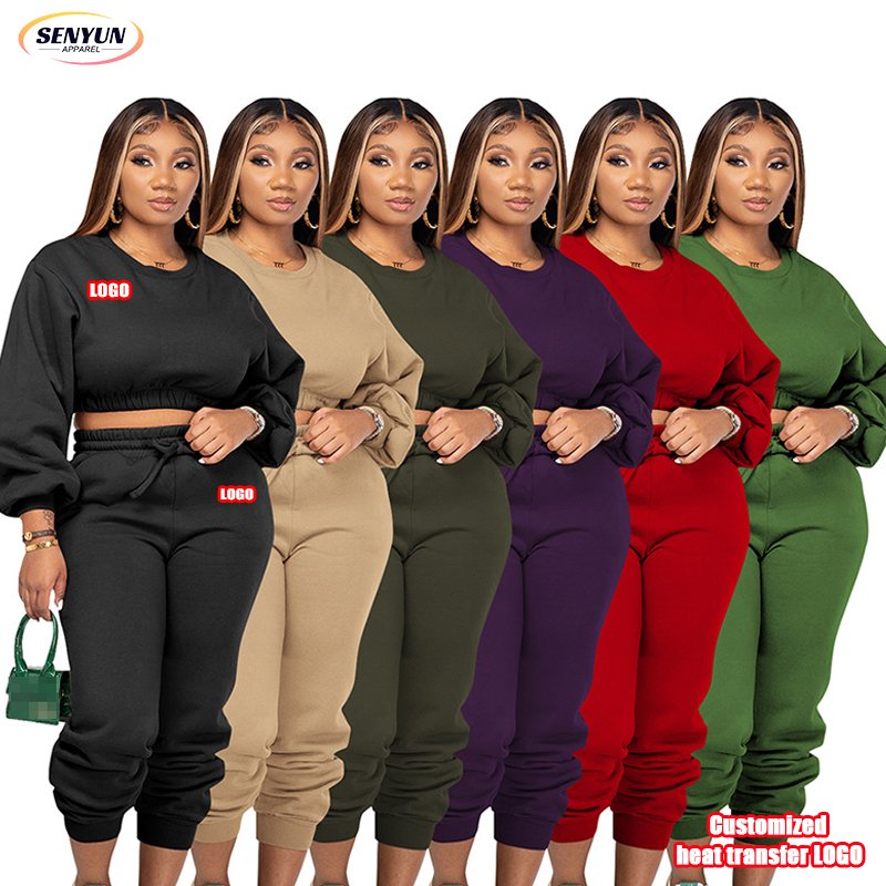 High Quality Autumn Winter Embroidery Oversized Outfits Custom Logo Plain Blank Boxy Crewneck Tracksuits Two Piece Women'S Sets