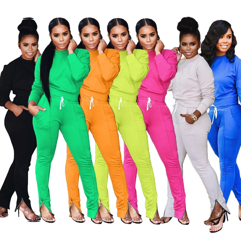 Women's 2 Piece Solid Slim Suit Long Sleeve Crop Sweatshirt Drawstring Slit Skinny Long Jogger Pants Tracksuit Set