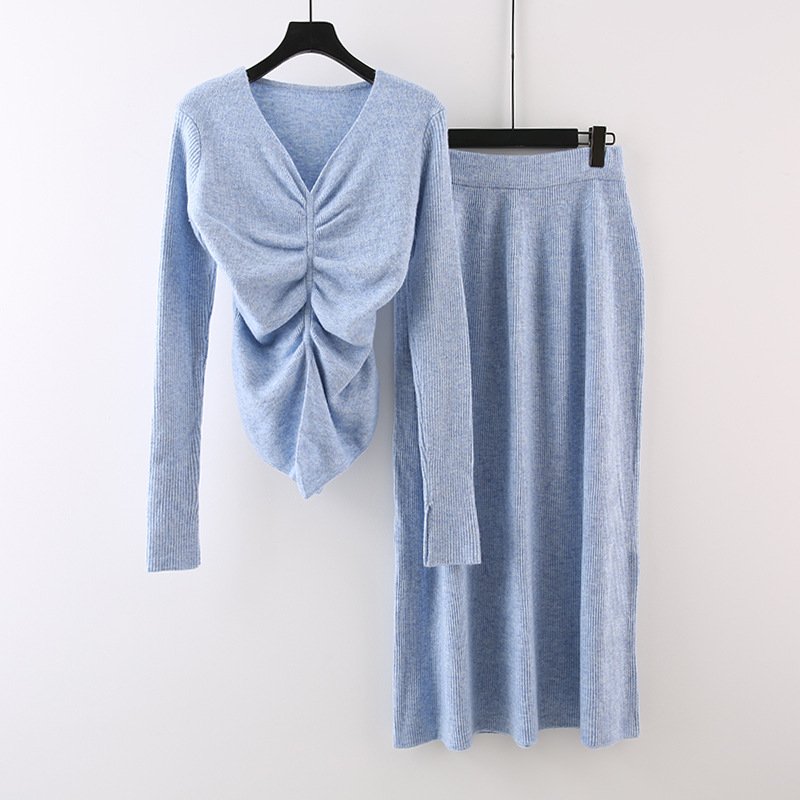 Boutique Wholesale 2024 Autumn New Fashionable Knitted Pleated Waist Slimming V-neck Sweater Half Skirt Women's Set
