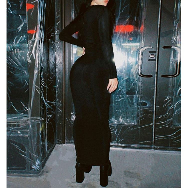 Dress Elegant Women Long Sleeve Slim Temperament Party New Fall O-neck Solid Color Pencil Maxi Dress