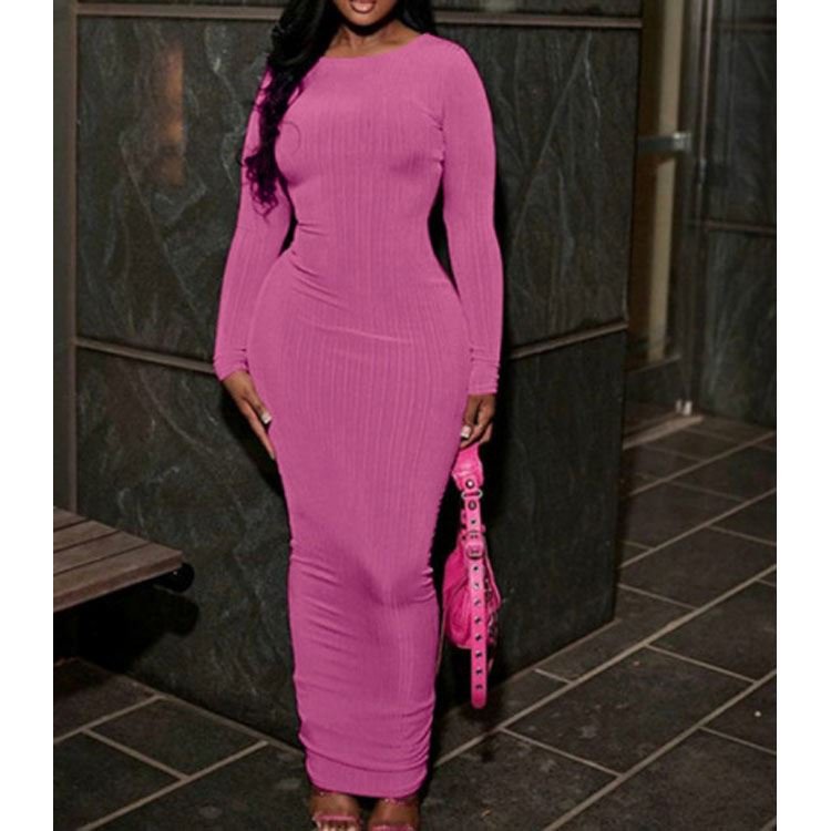 Dress Elegant Women Long Sleeve Slim Temperament Party New Fall O-neck Solid Color Pencil Maxi Dress