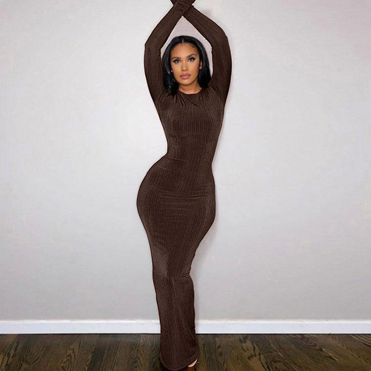 Dress Elegant Women Long Sleeve Slim Temperament Party New Fall O-neck Solid Color Pencil Maxi Dress