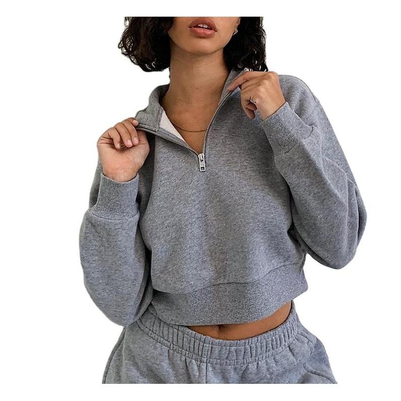 Women Custom Fleece Half Zip up Sports Wear 2 piece sets Crop Top Sweatshirt Jogger Set