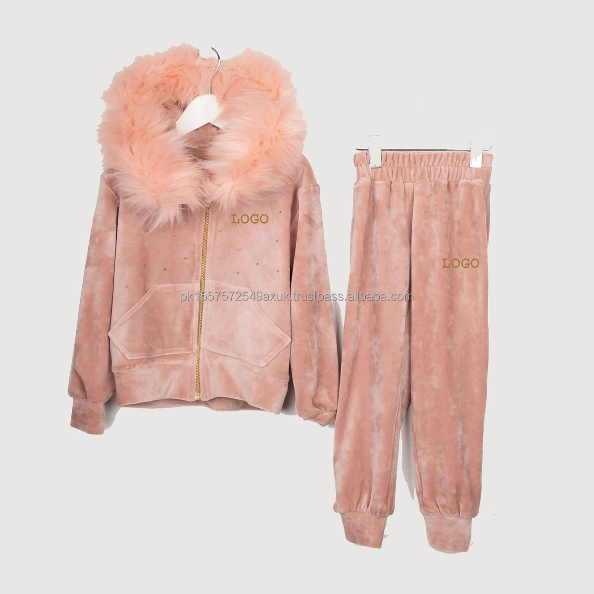 Fall 2024 Luxury Sherpa Faux Fur Velour Tracksuit/ Skinny Women's sets Design Your Own Sweatsuit gold zipper