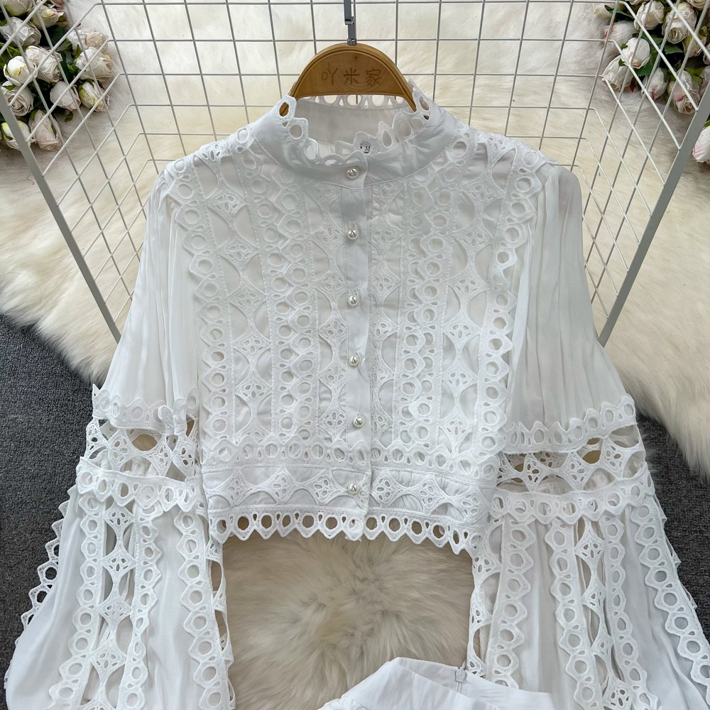 LE4515 Lantern Long-Sleeved Elegant 2-Piece Sets For Women Stand-Up Collar Hollow-Out Lace Top Two-Piece High-Waisted Skirt