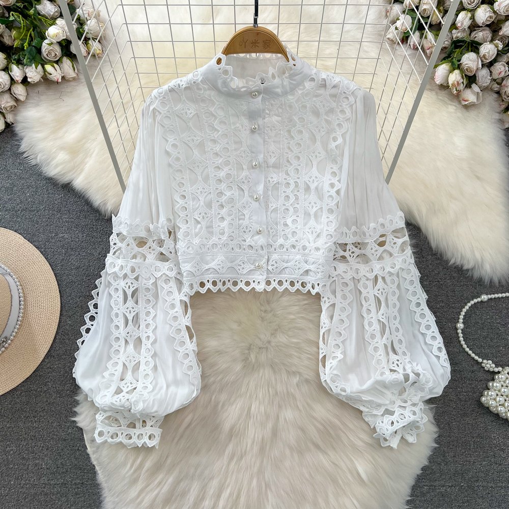 LE4515 Lantern Long-Sleeved Elegant 2-Piece Sets For Women Stand-Up Collar Hollow-Out Lace Top Two-Piece High-Waisted Skirt