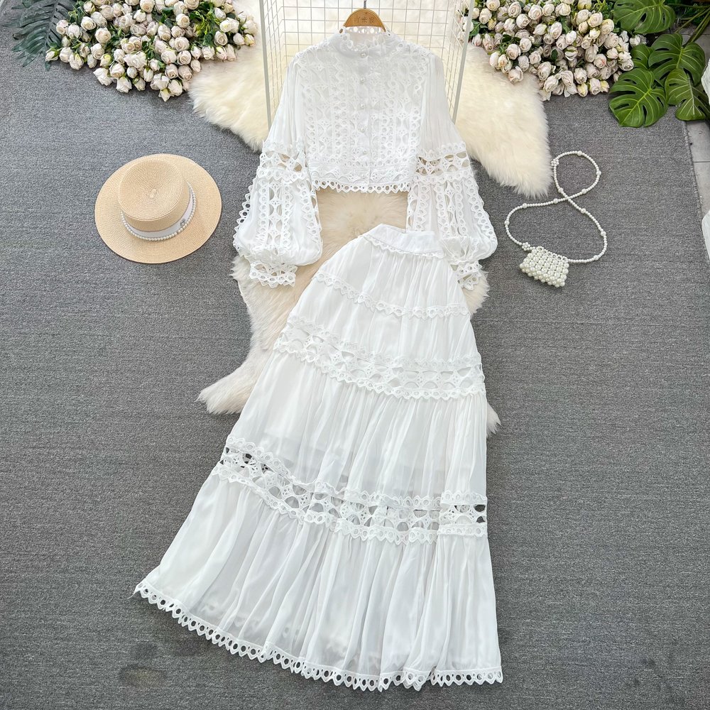 LE4515 Lantern Long-Sleeved Elegant 2-Piece Sets For Women Stand-Up Collar Hollow-Out Lace Top Two-Piece High-Waisted Skirt