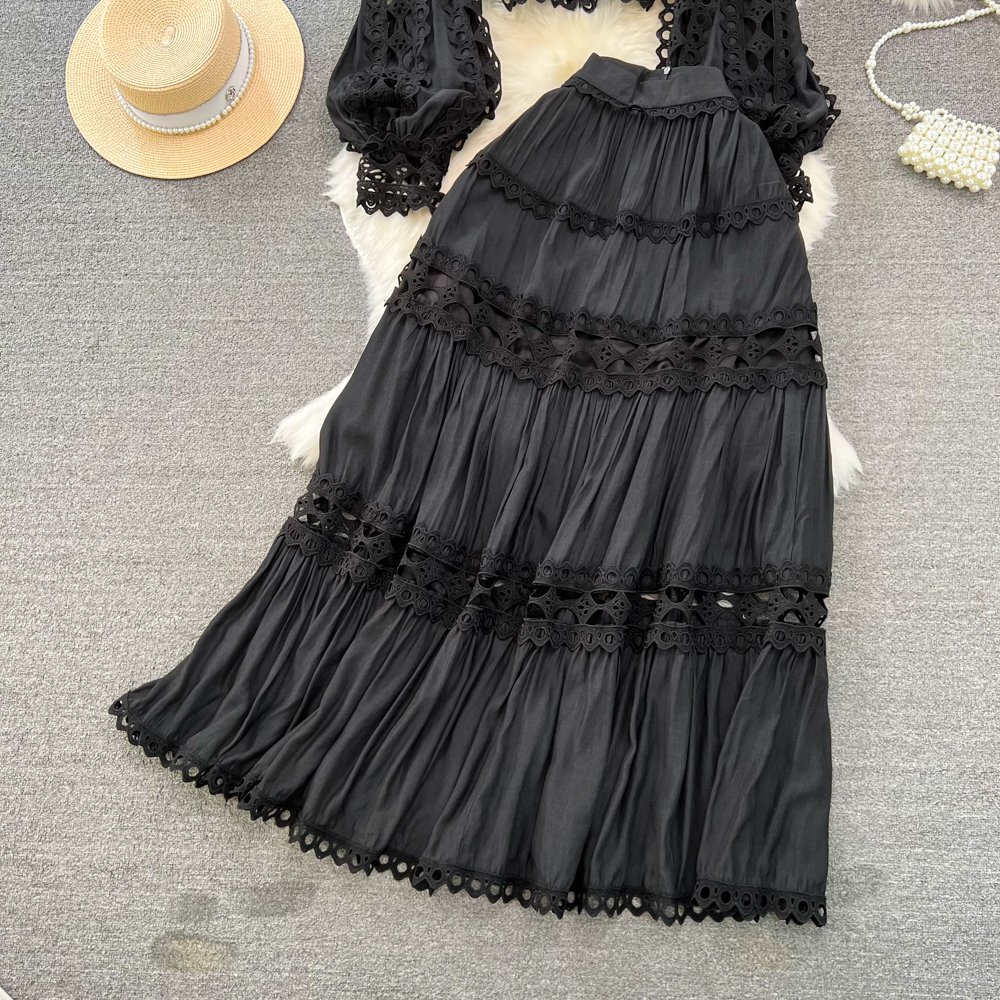 LE4515 Lantern Long-Sleeved Elegant 2-Piece Sets For Women Stand-Up Collar Hollow-Out Lace Top Two-Piece High-Waisted Skirt