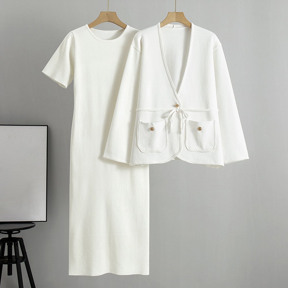 Atoptex Autumn European New Style V-Neck Ruffle Short Knitted Cardigan+Long Dress Clothes Fashion Skirt Women'S Set