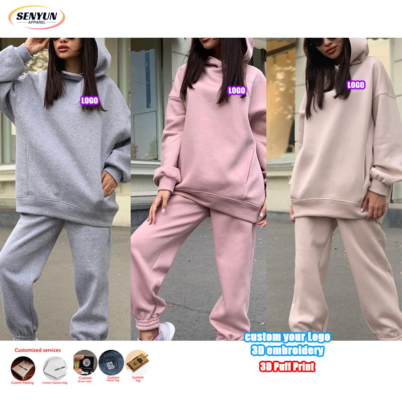 Manufacturer Tracksuits Outfits Fashion Hoodie Gym 2 Piece Custom 3d Puff Print Logo Plus Size Fashion Jogger Plain Women'S Sets