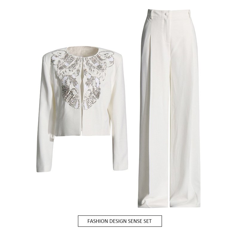 Wholesale 2024 Autumn New Fashionable Round Neck Nail Bead Jacket High Waist Straight Leg Wide Leg Pants Women's Set