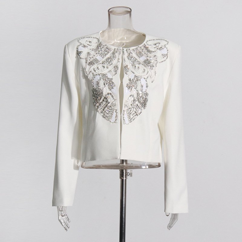 Wholesale 2024 Autumn New Fashionable Round Neck Nail Bead Jacket High Waist Straight Leg Wide Leg Pants Women's Set