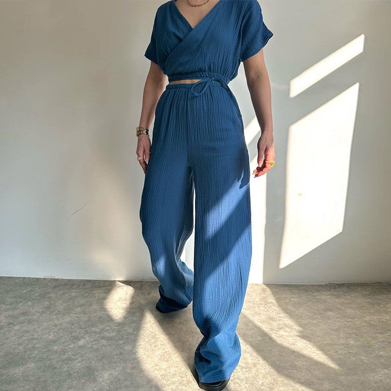 Simple Custom Cotton Women's Clothing Casual 2 Piece Strap Short Sleeve Long Pant Elastic Women Outfit Gauze Women's Set
