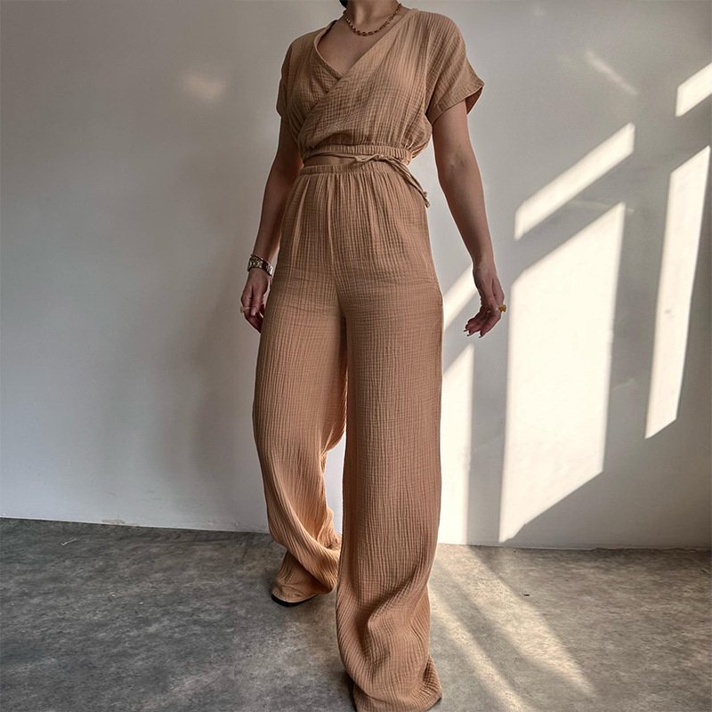Simple Custom Cotton Women's Clothing Casual 2 Piece Strap Short Sleeve Long Pant Elastic Women Outfit Gauze Women's Set