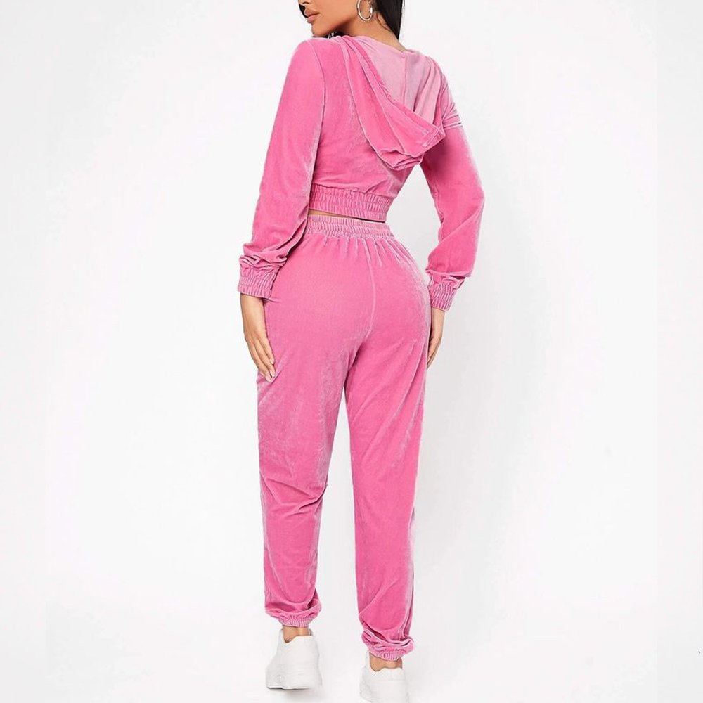 Hot Sale Fall Women's hoodie Set Zipper Pocket Crop Top Jacket Velvet Jogging suit Velour tracksuits Women Two Piece set