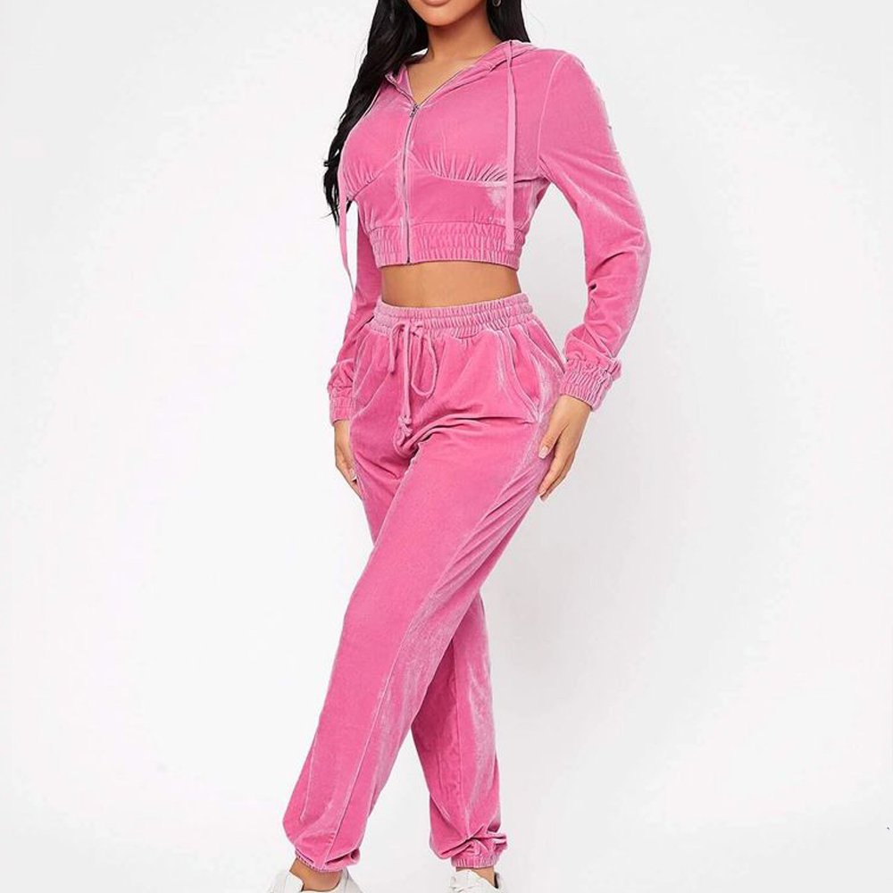 Hot Sale Fall Women's hoodie Set Zipper Pocket Crop Top Jacket Velvet Jogging suit Velour tracksuits Women Two Piece set