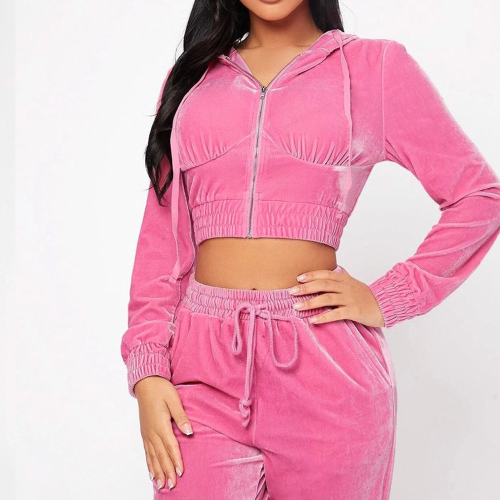 Hot Sale Fall Women's hoodie Set Zipper Pocket Crop Top Jacket Velvet Jogging suit Velour tracksuits Women Two Piece set