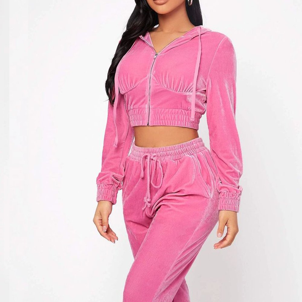 Hot Sale Fall Women's hoodie Set Zipper Pocket Crop Top Jacket Velvet Jogging suit Velour tracksuits Women Two Piece set