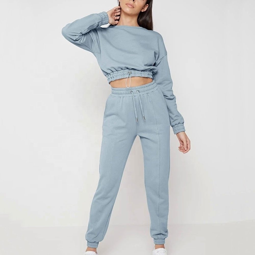 New Women Winter Clothes Custom Logo Two Piece Sweater Set High Waist Pants Crop Top Crew Neck Sweatshirt Women Jogging Suits