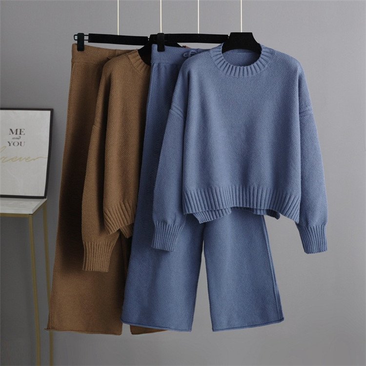 Full Winter Women Plain Free Size Knitted Two Pieces Suits Solid Sweater Top+ Wide Leg Long Pants Sets