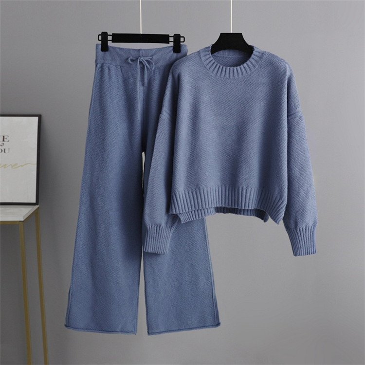 Full Winter Women Plain Free Size Knitted Two Pieces Suits Solid Sweater Top+ Wide Leg Long Pants Sets