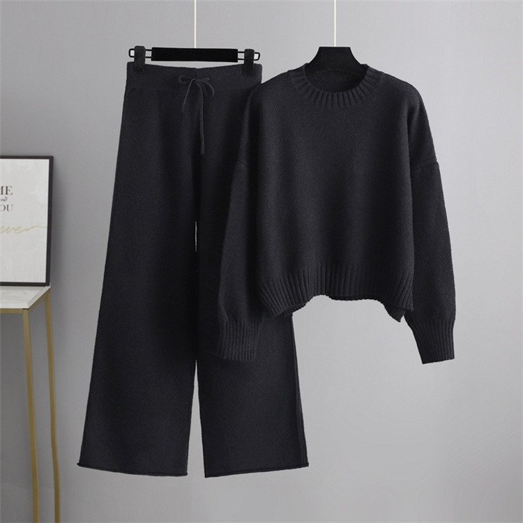 Full Winter Women Plain Free Size Knitted Two Pieces Suits Solid Sweater Top+ Wide Leg Long Pants Sets
