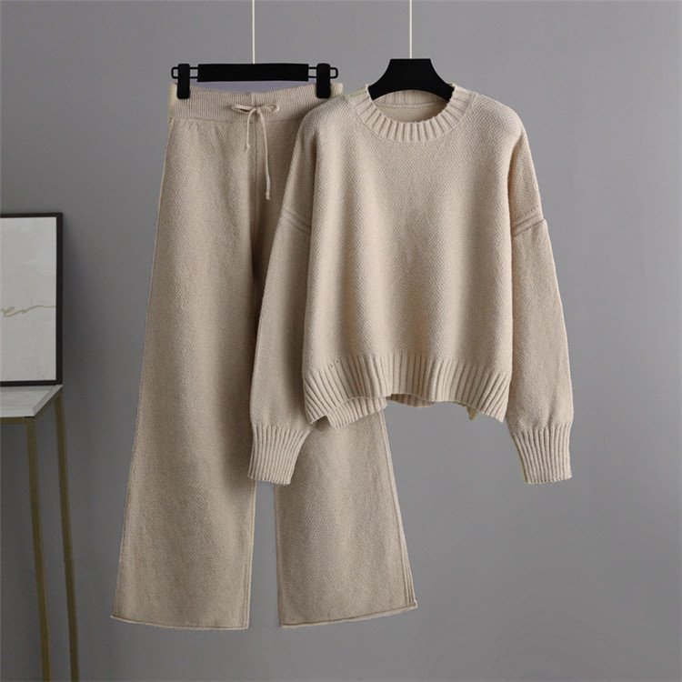 Full Winter Women Plain Free Size Knitted Two Pieces Suits Solid Sweater Top+ Wide Leg Long Pants Sets