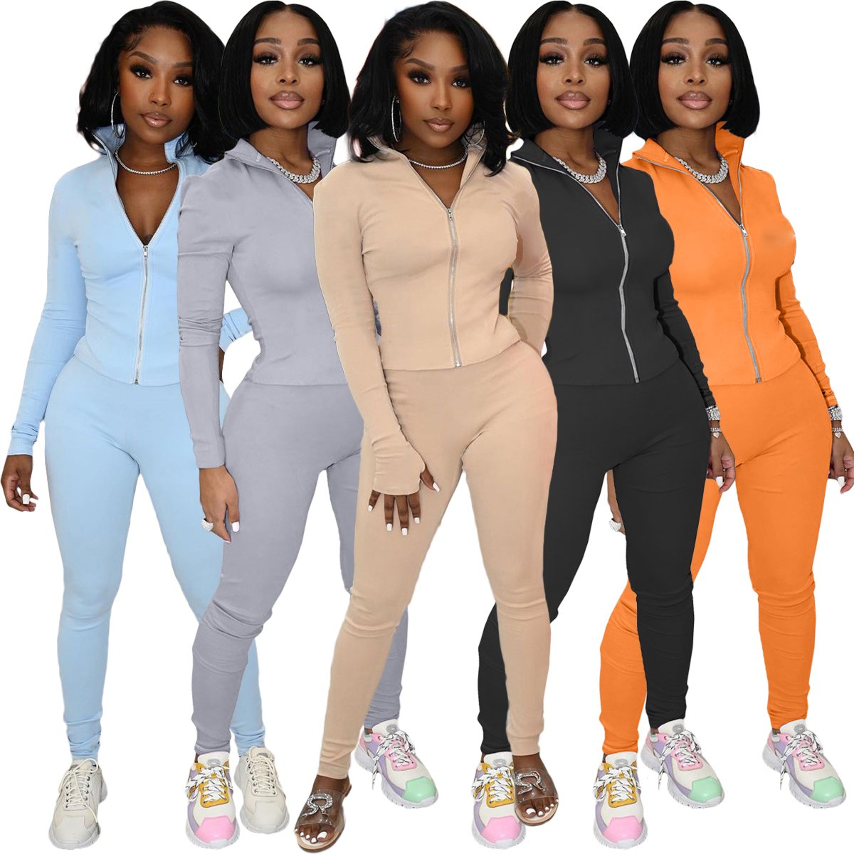 casual Autumn women's set solid hoodie leisure suit zipper long sleeve crop top skinny maxi pants 2 piece set for women