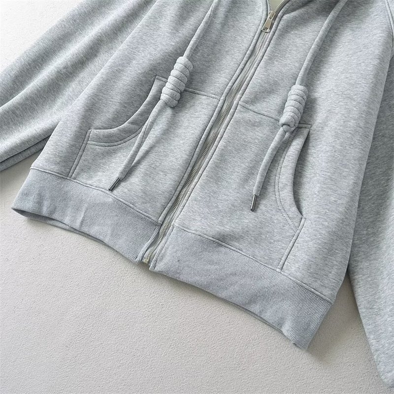TAOP&ZA Women's 2024 Autumn and Winter New Retro Thickened Thick Rope Hooded Sweater Zipper Loose Cardigan Jacket