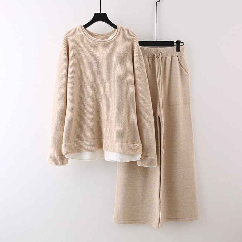 Boutique Wholesale 2024 Autumn New Fashion Contrasting Splicing Irregular Sweater Loose Casual Wide Leg Pants Women's Set