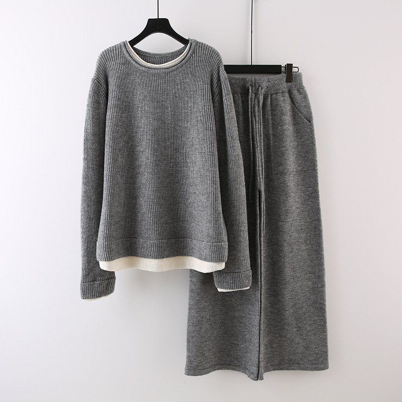 Boutique Wholesale 2024 Autumn New Fashion Contrasting Splicing Irregular Sweater Loose Casual Wide Leg Pants Women's Set