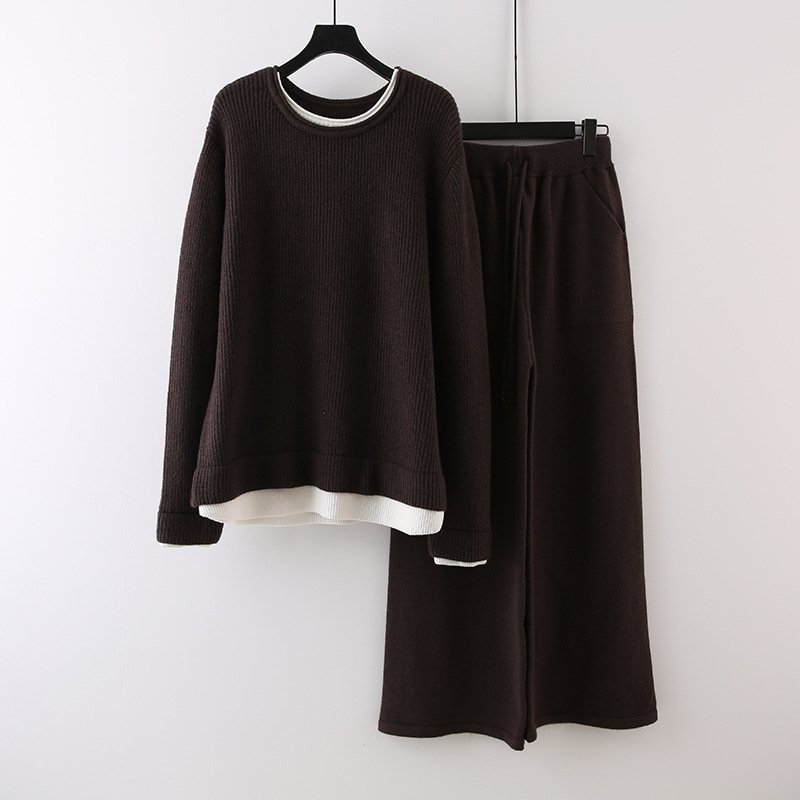 Boutique Wholesale 2024 Autumn New Fashion Contrasting Splicing Irregular Sweater Loose Casual Wide Leg Pants Women's Set