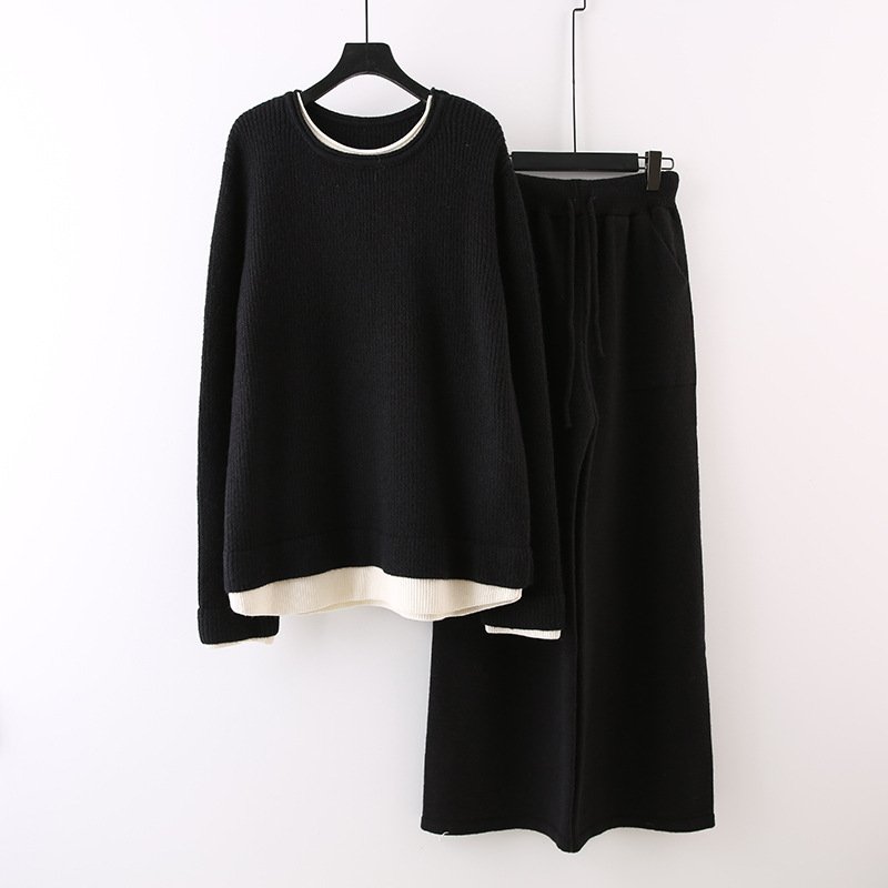 Boutique Wholesale 2024 Autumn New Fashion Contrasting Splicing Irregular Sweater Loose Casual Wide Leg Pants Women's Set