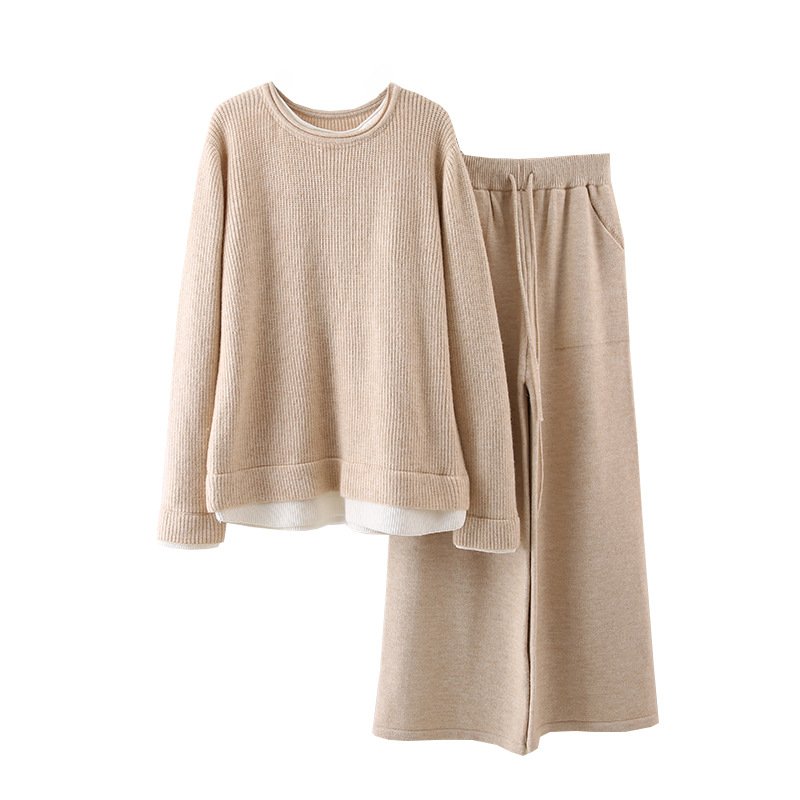 Boutique Wholesale 2024 Autumn New Fashion Contrasting Splicing Irregular Sweater Loose Casual Wide Leg Pants Women's Set