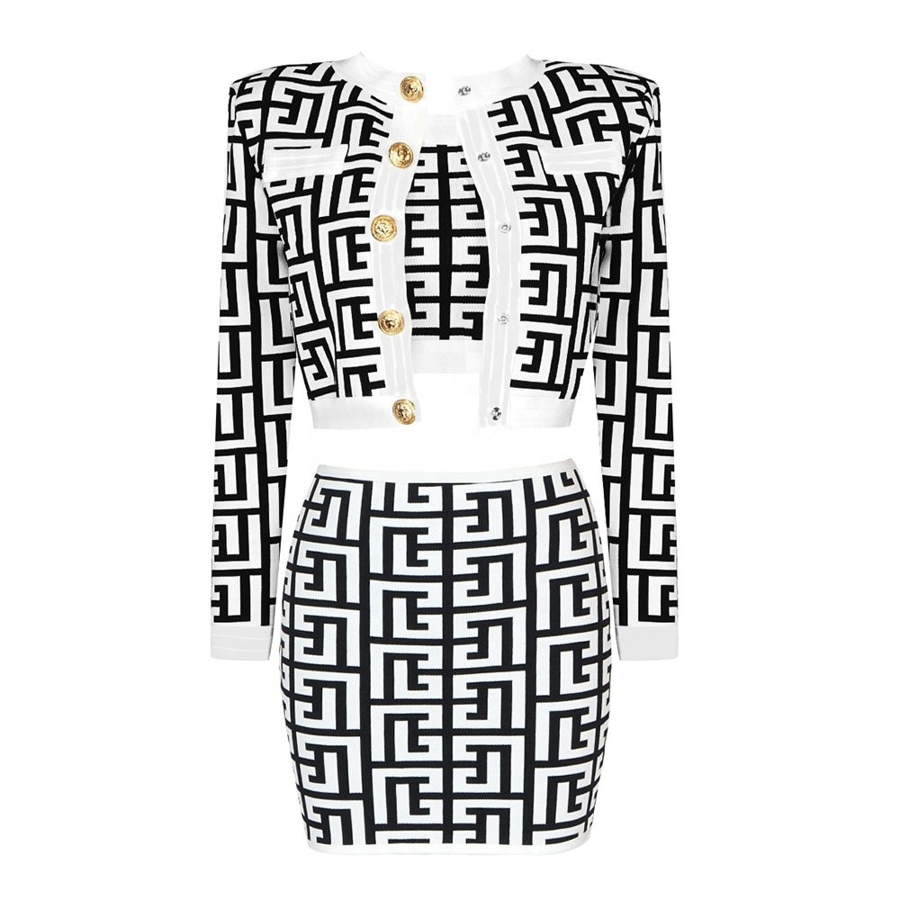 New Autumn Winter Style Fashion Knitted Jacquard Formal Occasion 3 Pieces Set Coat Tops Skirt Bandage Lady Office Women'S Set