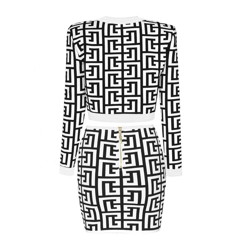 New Autumn Winter Style Fashion Knitted Jacquard Formal Occasion 3 Pieces Set Coat Tops Skirt Bandage Lady Office Women'S Set