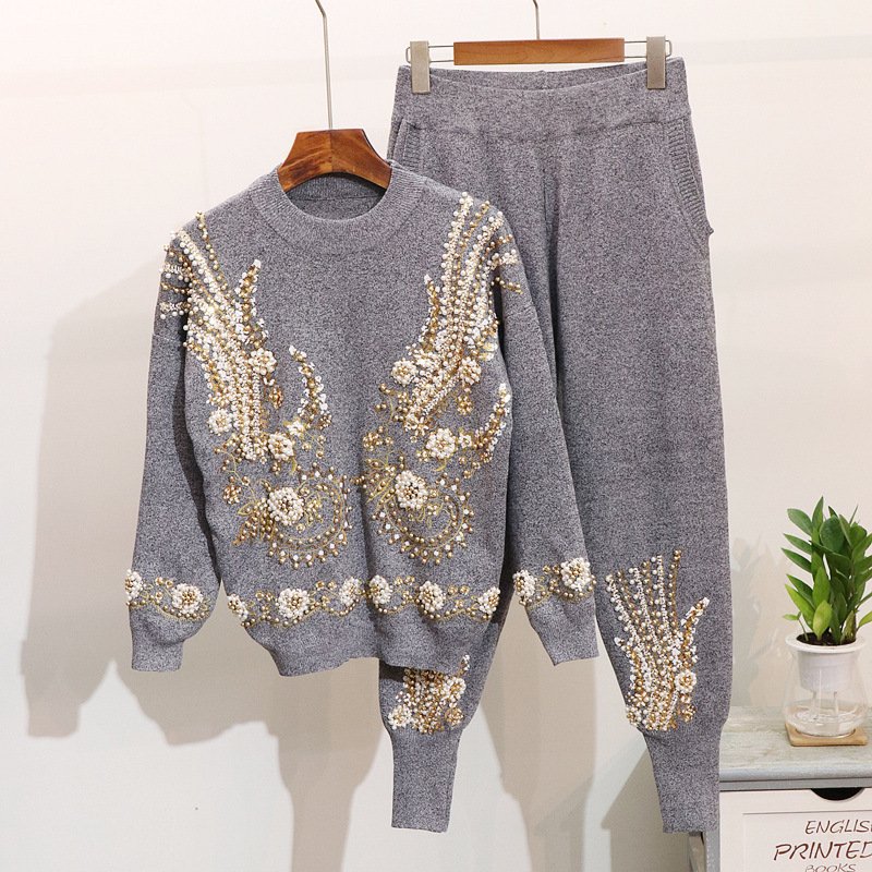 Fashion New Casual Fall Winter Warm Lady Sequin Sweater Pants Set Two Piece Set 2 Piece Knitted Sweater Sets Womens