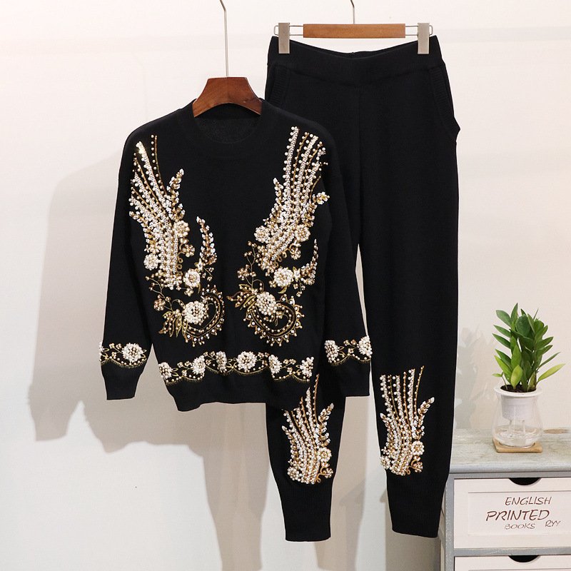 Fashion New Casual Fall Winter Warm Lady Sequin Sweater Pants Set Two Piece Set 2 Piece Knitted Sweater Sets Womens