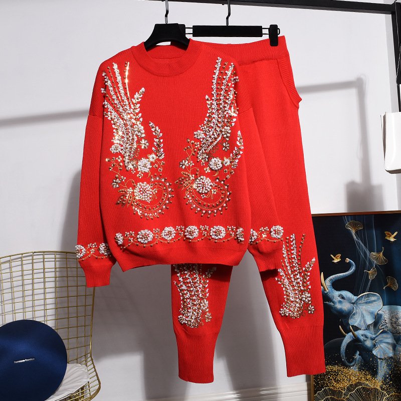 Fashion New Casual Fall Winter Warm Lady Sequin Sweater Pants Set Two Piece Set 2 Piece Knitted Sweater Sets Womens