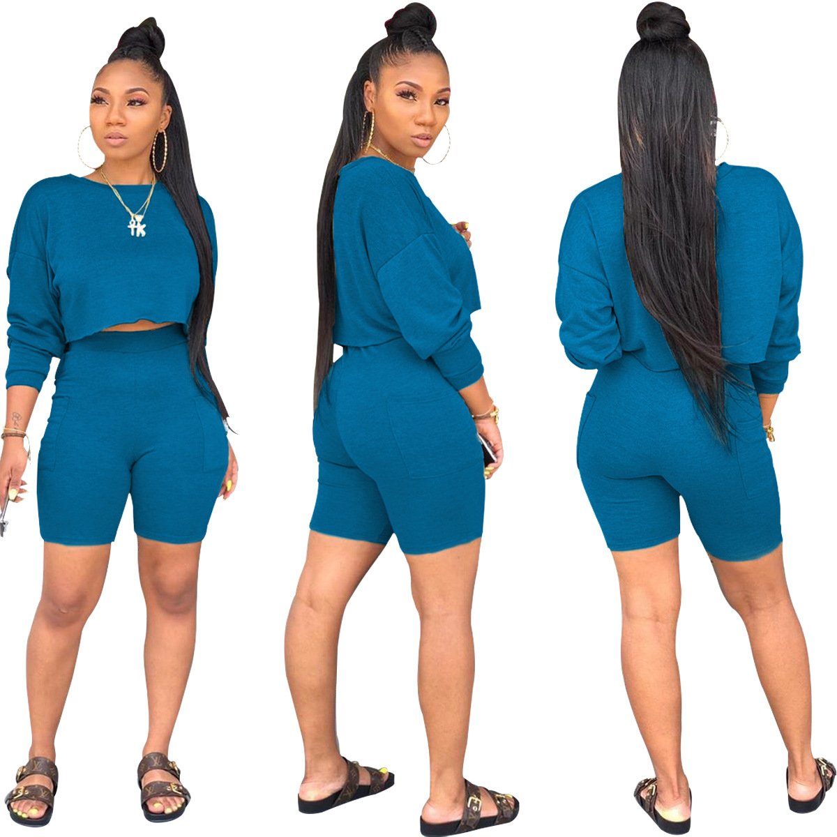 Factory Plus Size Sports Shorts Crewneck Hoodie 2 Piece Outfits Custom 3d Embroidery Logo Blank Tracksuits Slim Fit Women'S Sets