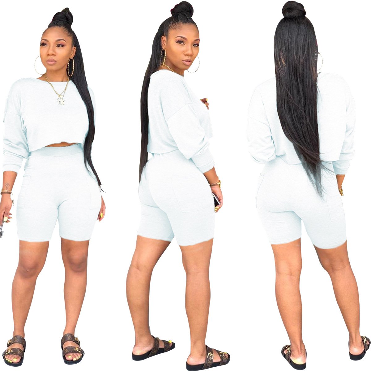 Factory Plus Size Sports Shorts Crewneck Hoodie 2 Piece Outfits Custom 3d Embroidery Logo Blank Tracksuits Slim Fit Women'S Sets