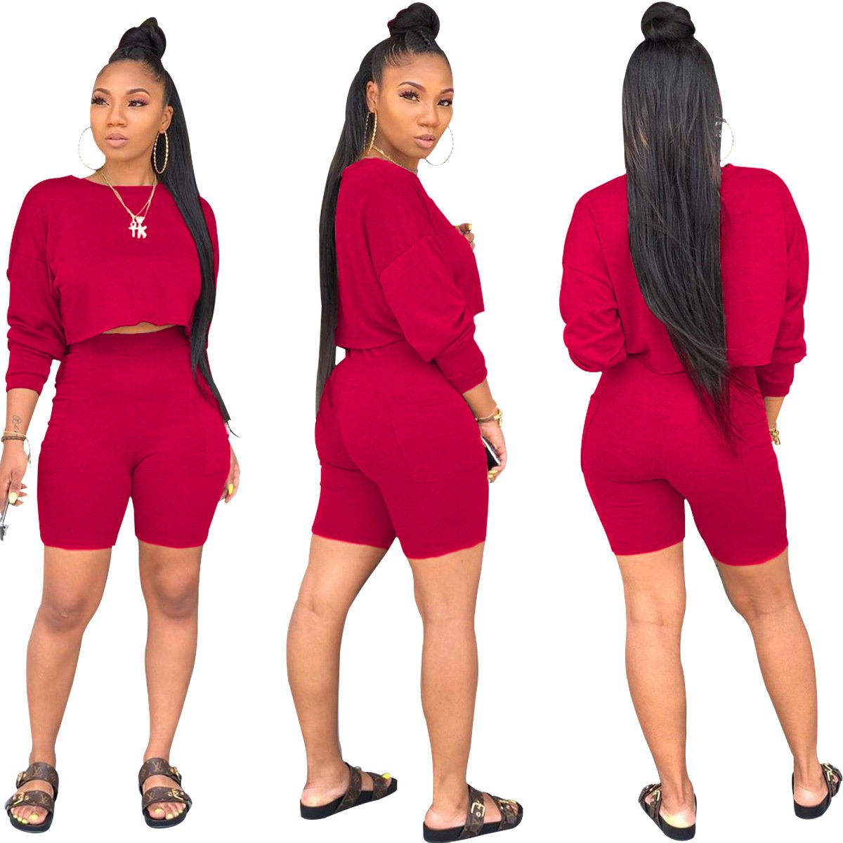 Factory Plus Size Sports Shorts Crewneck Hoodie 2 Piece Outfits Custom 3d Embroidery Logo Blank Tracksuits Slim Fit Women'S Sets