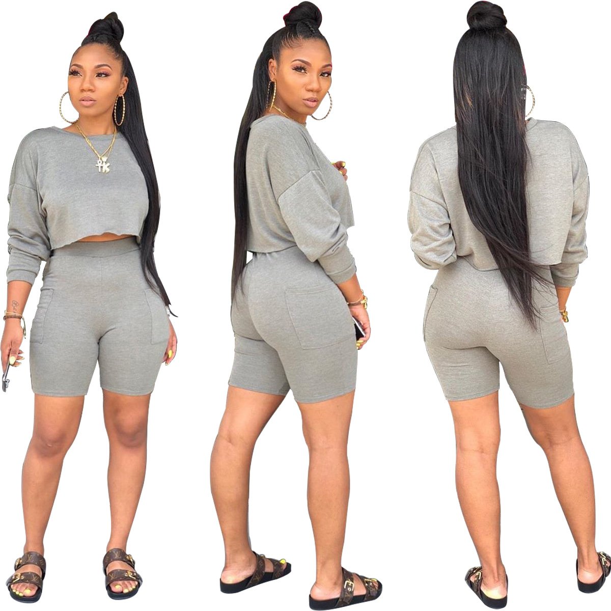 Factory Plus Size Sports Shorts Crewneck Hoodie 2 Piece Outfits Custom 3d Embroidery Logo Blank Tracksuits Slim Fit Women'S Sets