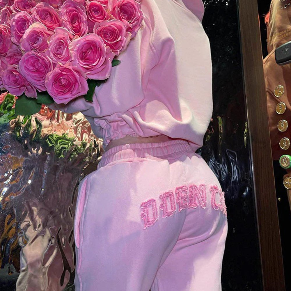 Custom Women Tracksuit Sweatsuit Set Pink Distressed Embroidery Tracksuit Hoodie Leisure Sports Suits Track Suit In Sport