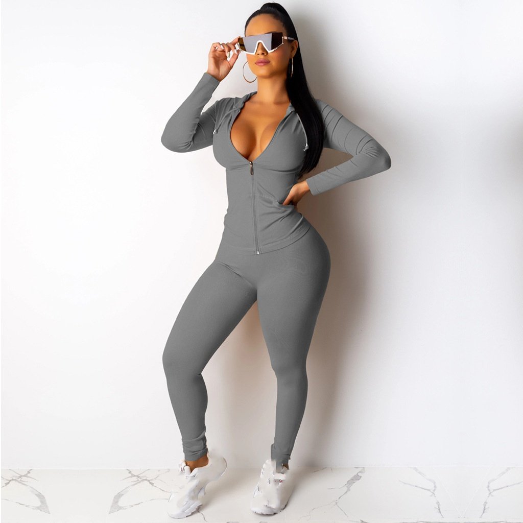 Wholesale Autumn Winter Sports Plus Size Gym Sexy Outfits Custom Embroidery Logo Zip Up Hoodie Tracksuits 2 Piece Women'S Sets