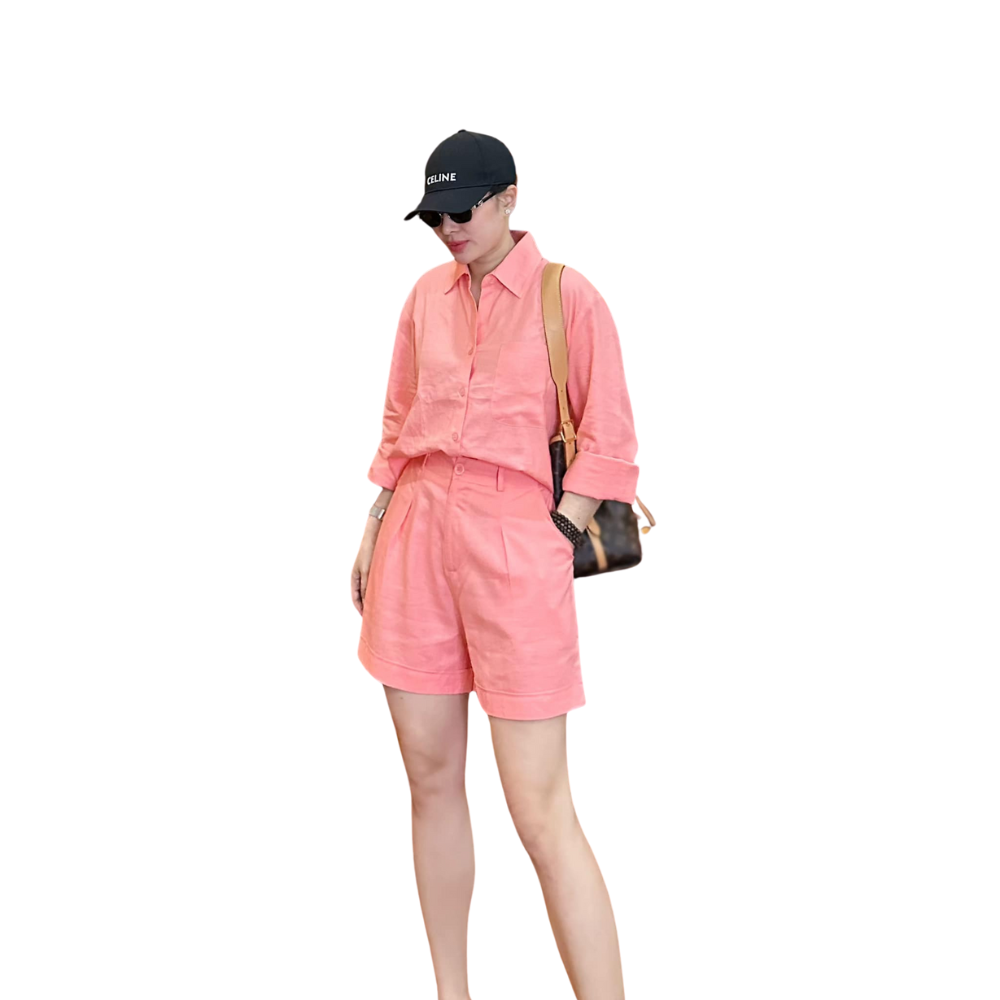 Elegant Women's Set From High-End Linen Fabric T-Shirt And Short Pants in Set Women's Suits Women's Clothing OEM ODM HB10