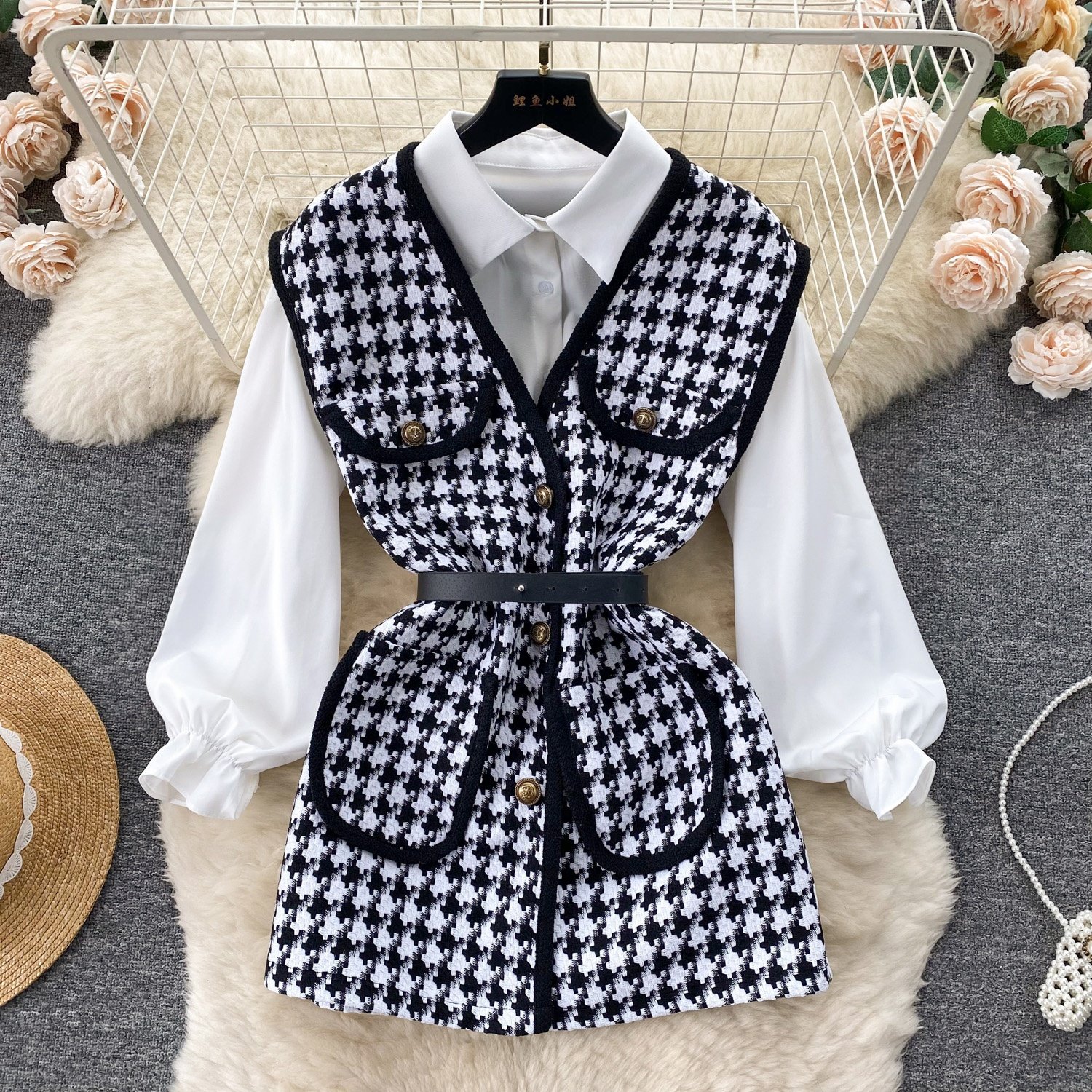 French Vintage Plaid Vest Casual Versatile Loose Long Sleeve Shirt Set with Belt