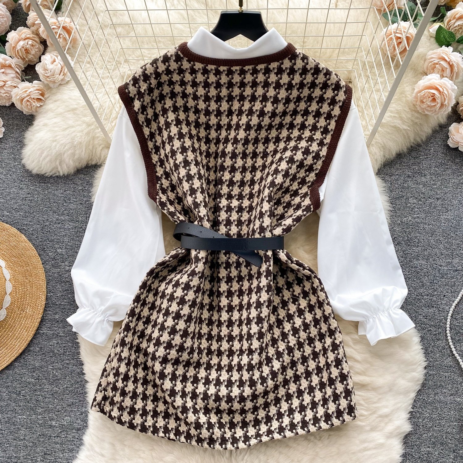 French Vintage Plaid Vest Casual Versatile Loose Long Sleeve Shirt Set with Belt