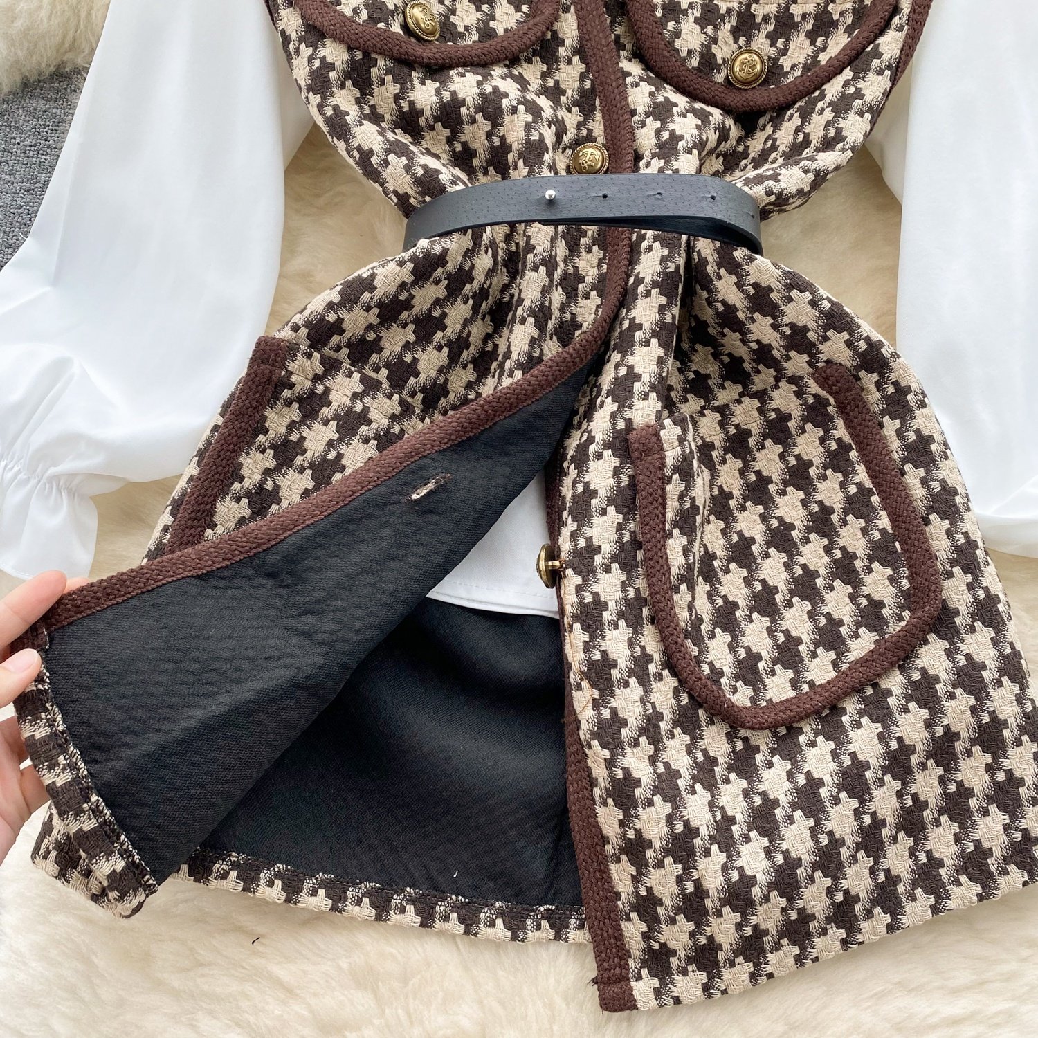 French Vintage Plaid Vest Casual Versatile Loose Long Sleeve Shirt Set with Belt